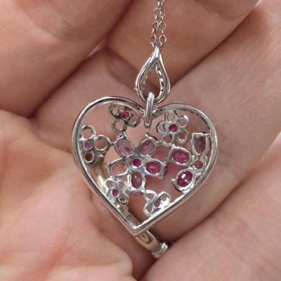 Sterling Silver 925 Multi Gemstone Amethyst & Ruby Heart Pendant Necklace 18" - Picture 4 of 7